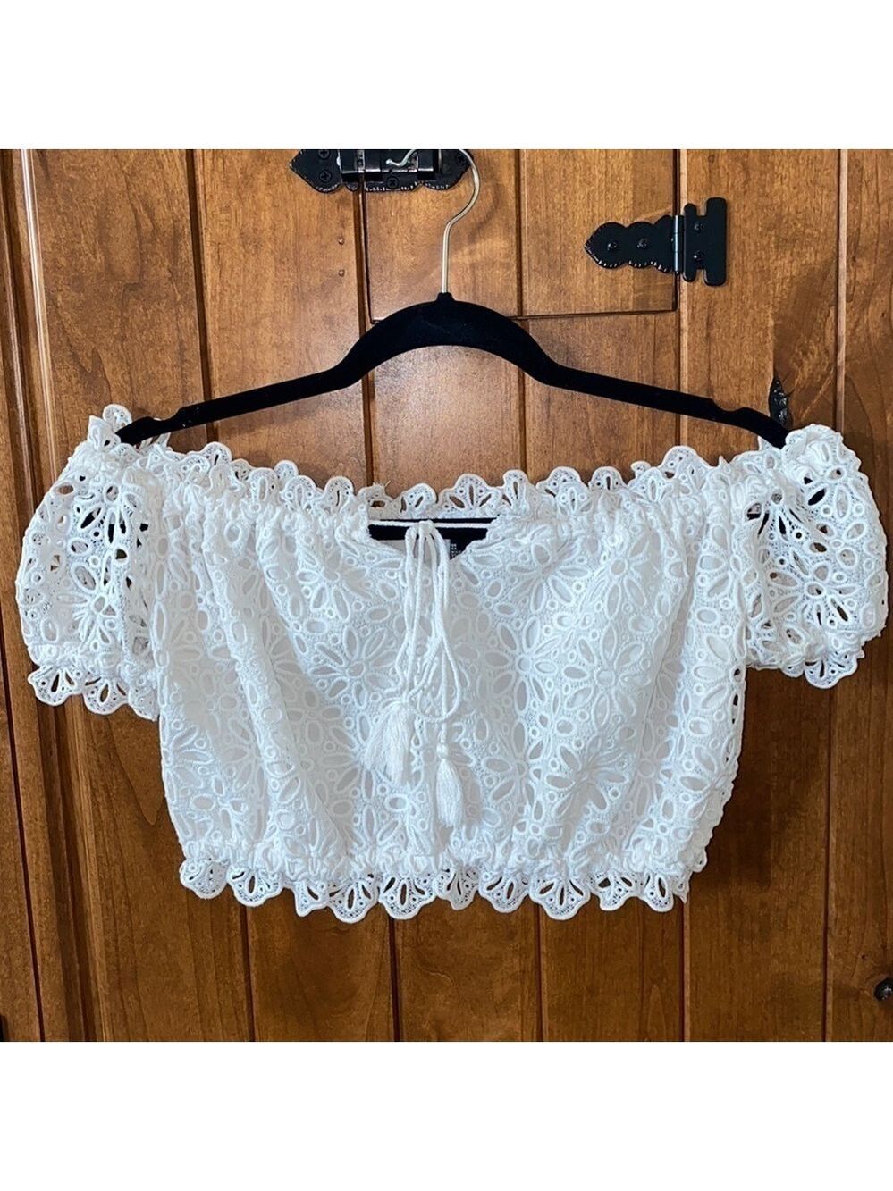 Forever 21 Floral Eyelet Puff-Sleeve Bralette Crop Top